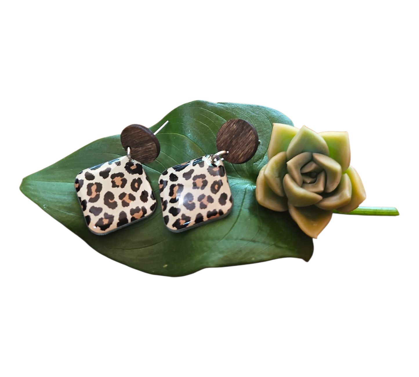 LEOPARD PRINT/WOOD SQUARE EARRINGS (In Wooden Gift Box)