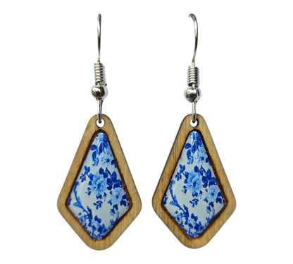 BLUE DELFT/DIAMOND WOOD FRAME EARRINGS (In Wooden Gift Box)