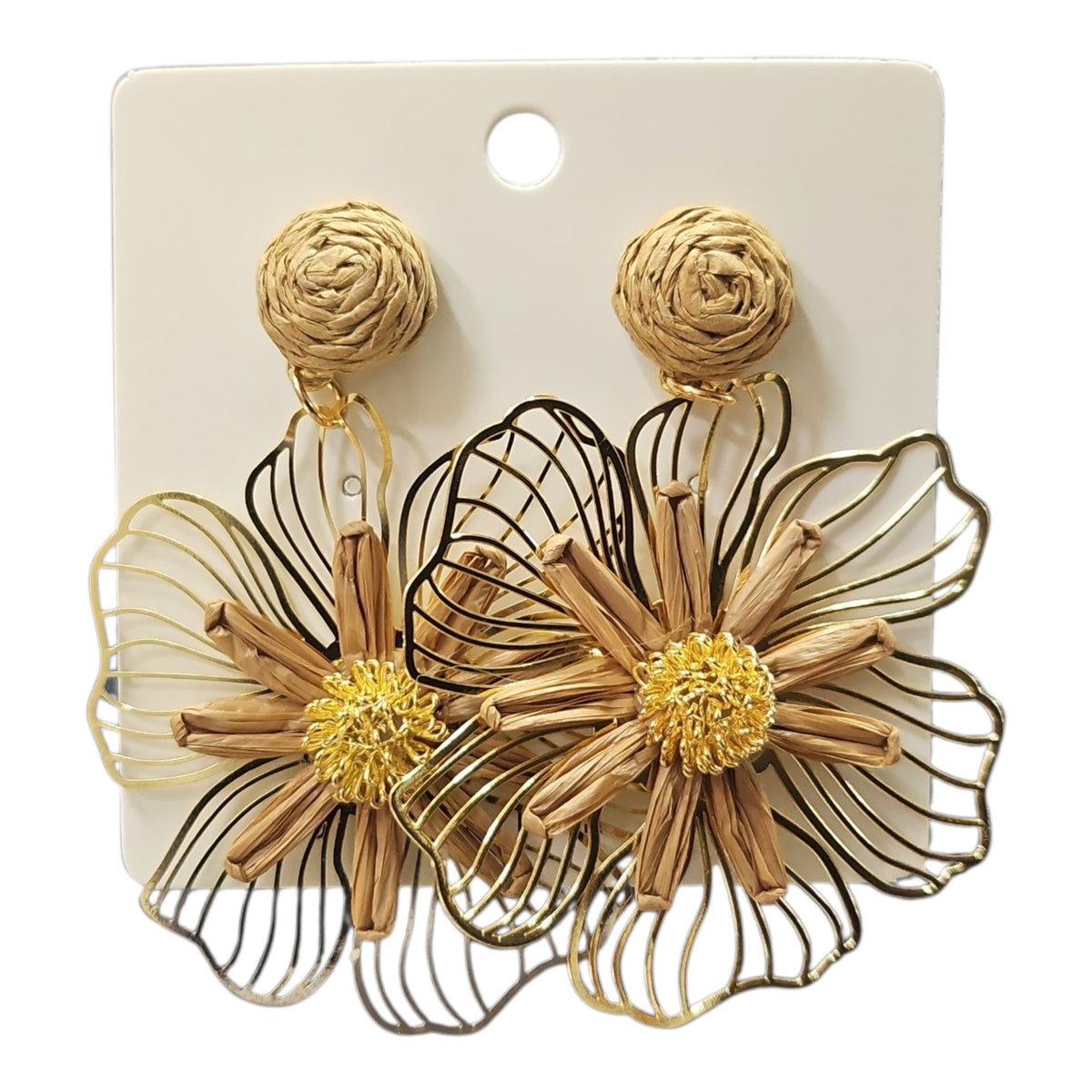 Woven Daisy on Metal Floral Backing Hanging Earrings Set (Brown) — view 4