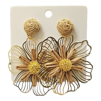 Woven Daisy on Metal Floral Backing Hanging Earrings Set (Brown) — view 4