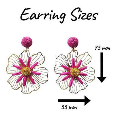 Woven Daisy on Metal Floral Backing Hanging Earrings Set (Pink)