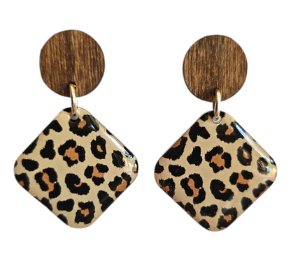 LEOPARD PRINT/WOOD SQUARE EARRINGS (In Wooden Gift Box)