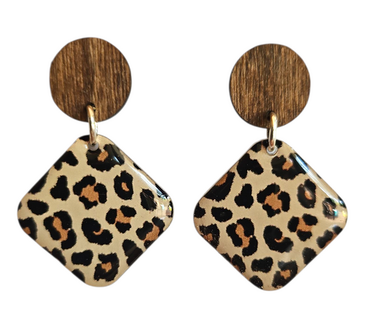LEOPARD PRINT/WOOD SQUARE EARRINGS (In Wooden Gift Box)