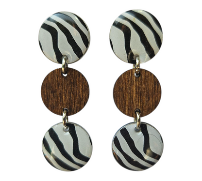 ZEBRA/WOOD TRIO DROP EARRINGS (In Wooden Gift Box)