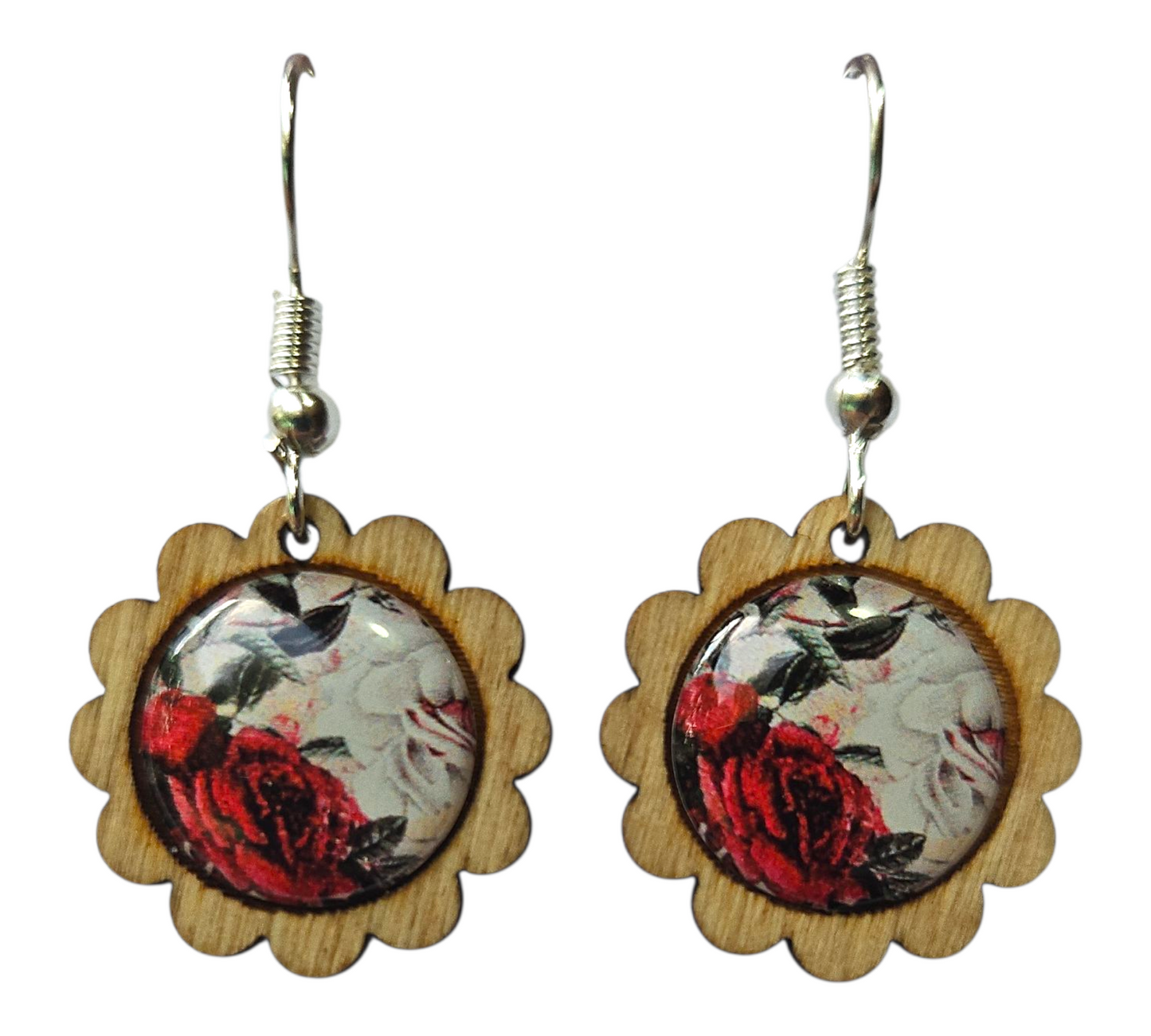 CLASSIC ROSE/SCALLOPED WOOD FRAME EARRINGS (In Wooden Gift Box)