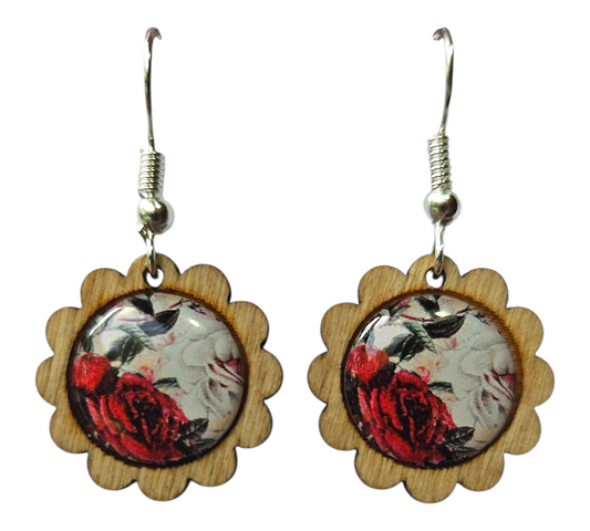 CLASSIC ROSE/SCALLOPED WOOD FRAME EARRINGS (In Wooden Gift Box)