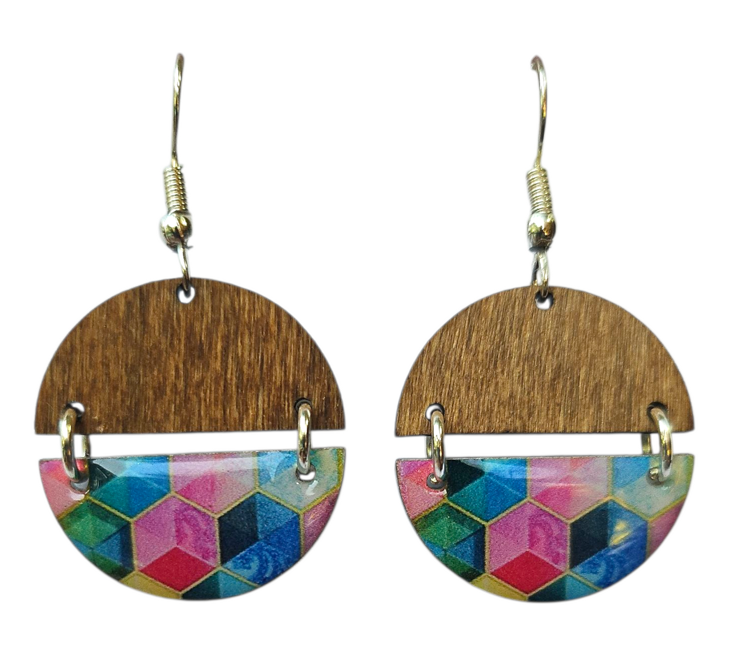 RAINBOW CUBES/WOOD HALF CIRCLES HINGED EARRINGS (In Wooden Gift Box)