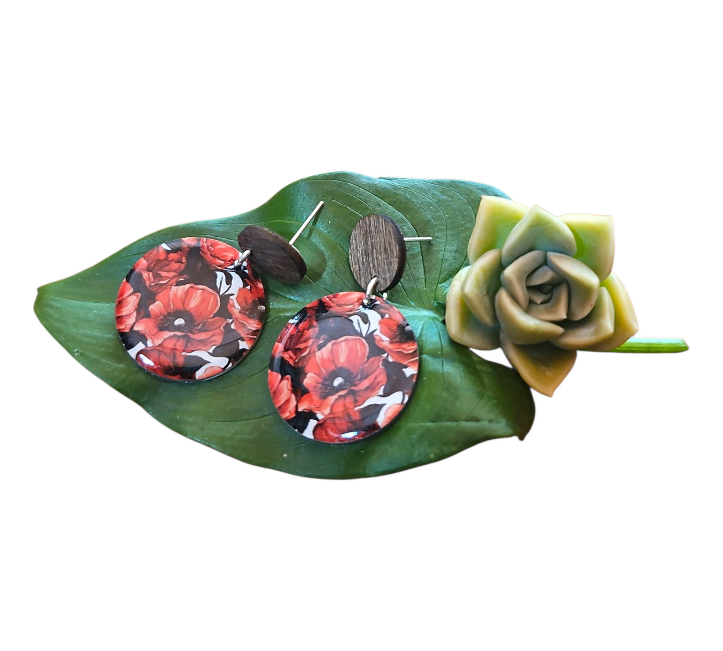 RED POPPIES/WOOD ROUND EARRINGS (In Wooden Gift Box)