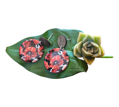 RED POPPIES/WOOD ROUND EARRINGS (In Wooden Gift Box)