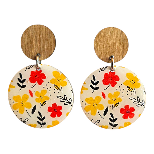 BRIGHT BLOOMS/WOOD ROUND EARRINGS (In Wooden Gift Box)