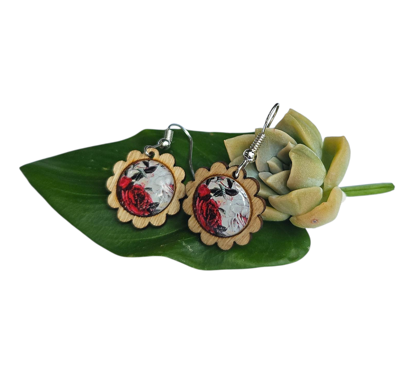 CLASSIC ROSE/SCALLOPED WOOD FRAME EARRINGS (In Wooden Gift Box)