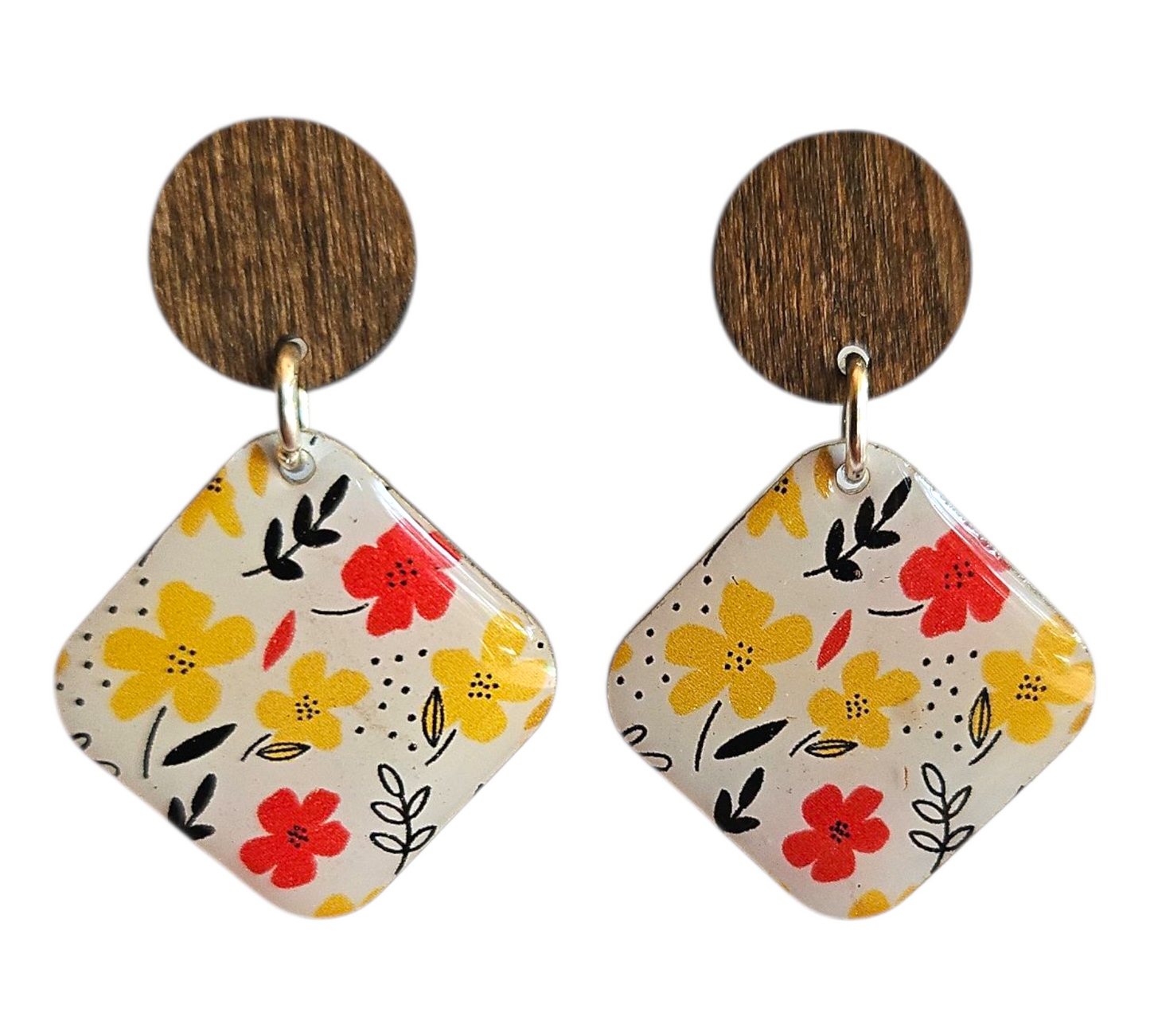 BRIGHT BLOOMS/WOOD SQUARE EARRINGS (In Wooden Gift Box)