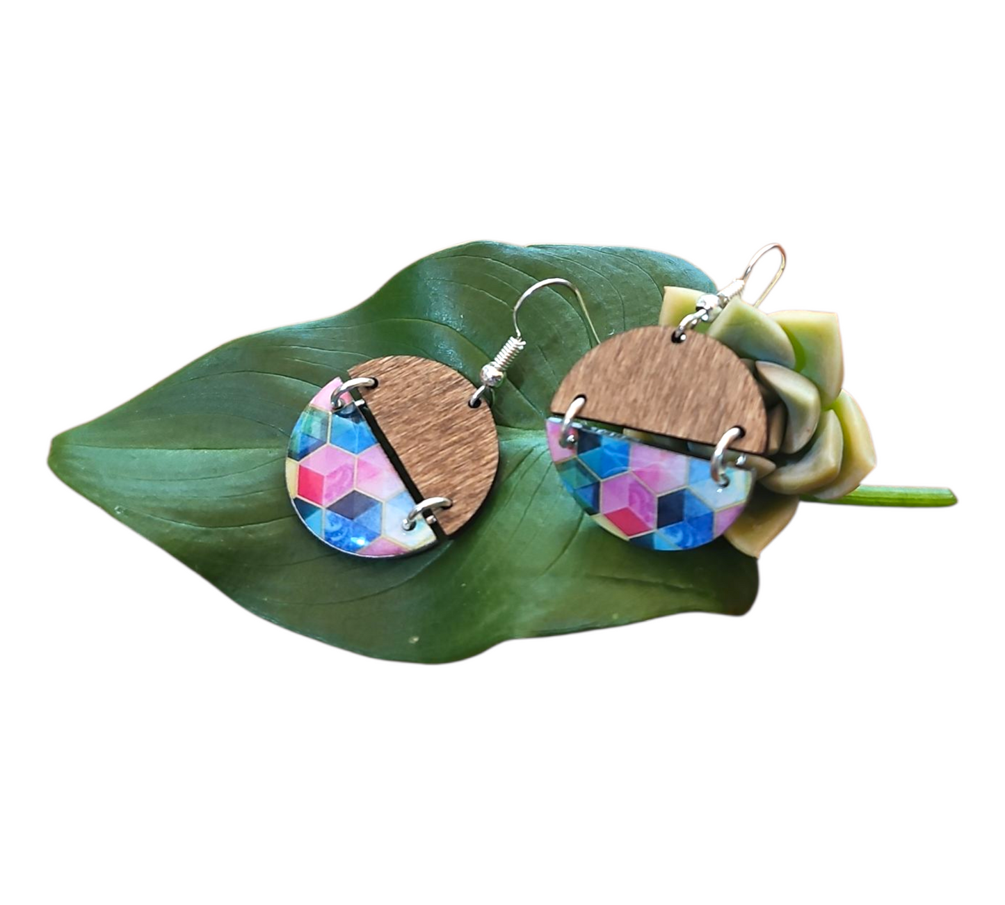 RAINBOW CUBES/WOOD HALF CIRCLES HINGED EARRINGS (In Wooden Gift Box)