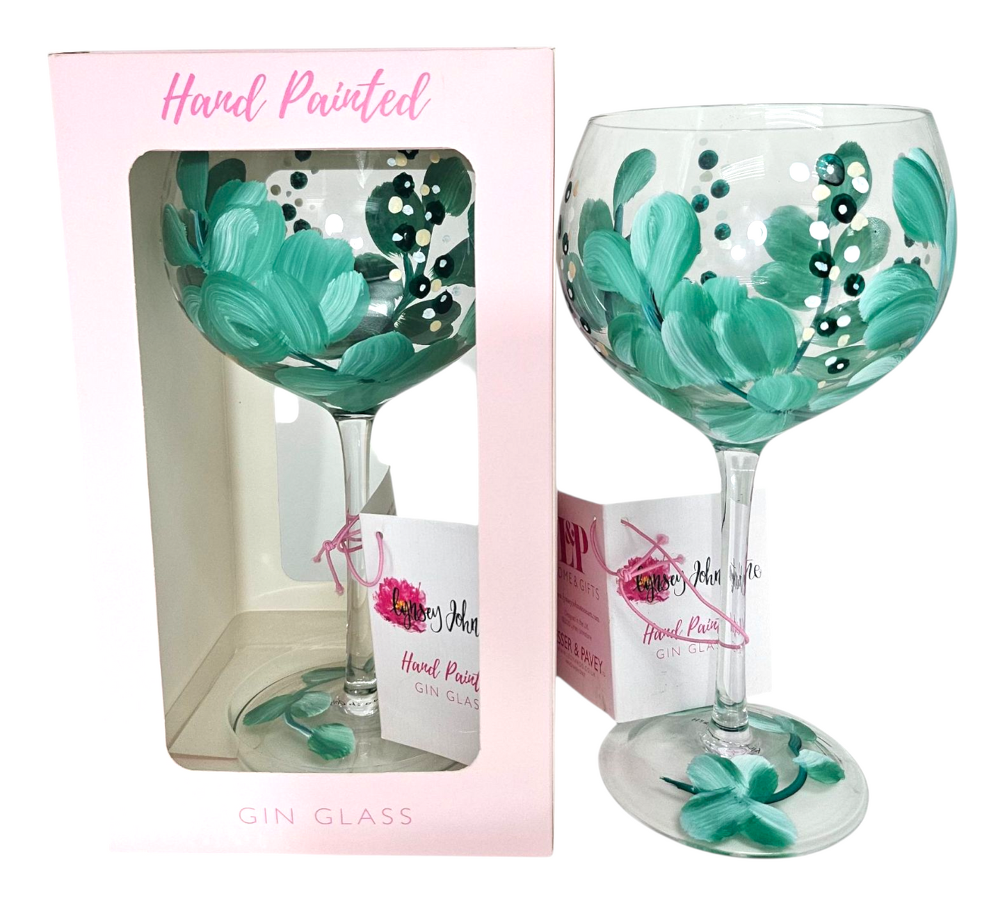 TEAL FLORAL HAND PAINTED GIN GLASS