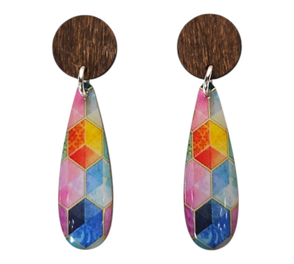 RAINBOW CUBES/WOOD SLIM DROP EARRINGS (In Wooden Gift Box)