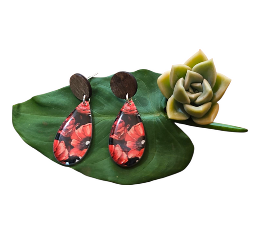 RED POPPIES/WOOD TEARDROP EARRINGS (In Wooden Gift Box)